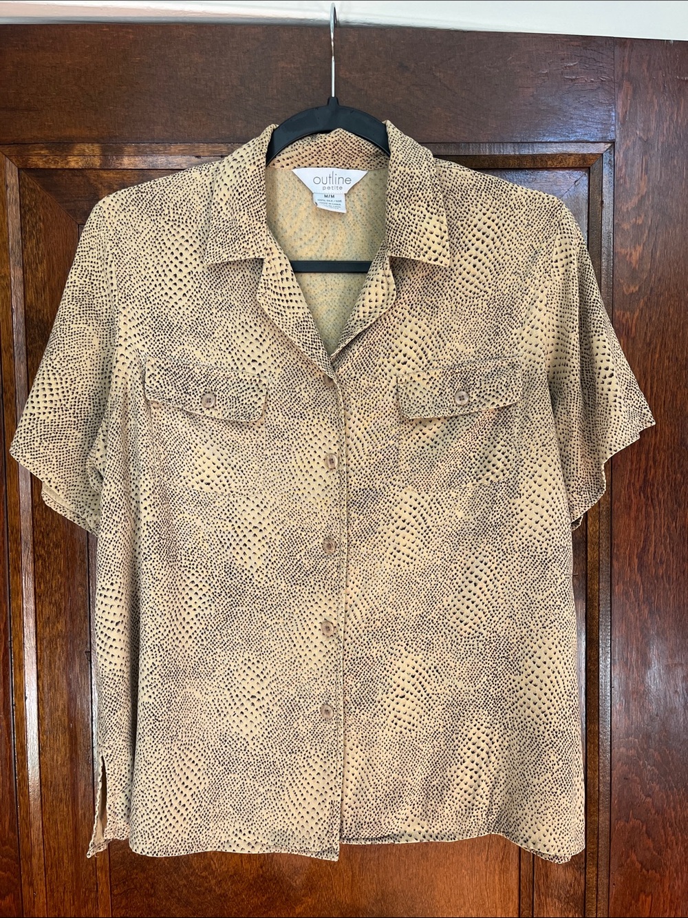 Silk Short Sleeve Button-Up Shirt — Tan Dot Print